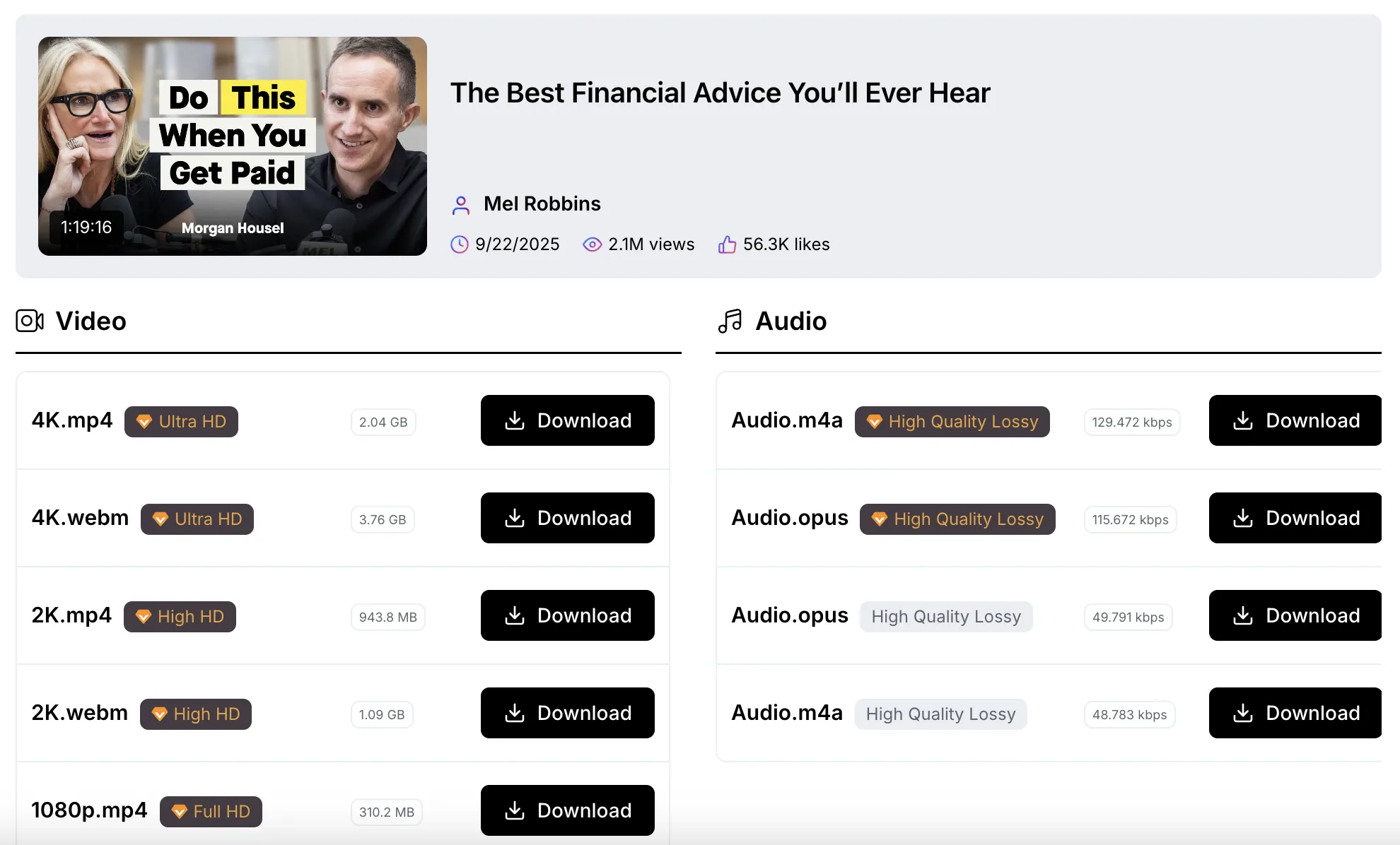 YouTube video download format and quality selection showcase